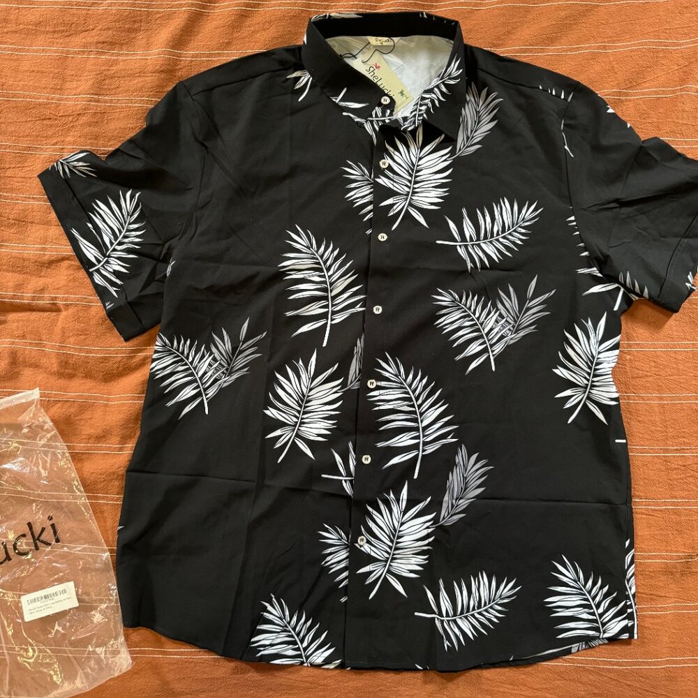 SheLucki Black White Palms Pattern Short-Sleeve Camp Shirt-NWT